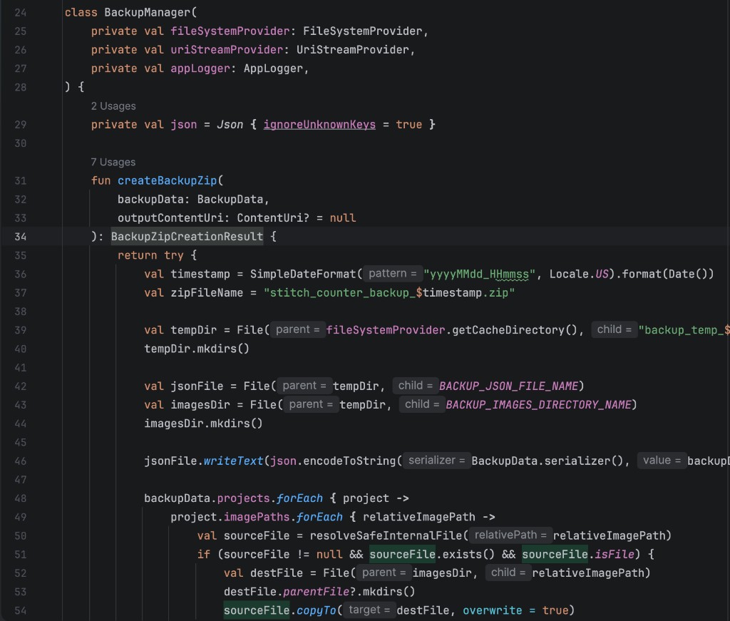 Stitch Counter BackupManager creating a backup zip
